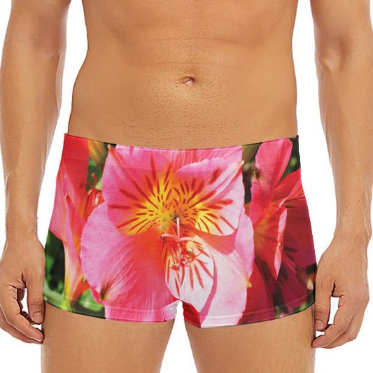 Pink Alstroemeria Print Men's Short Boxer Briefs