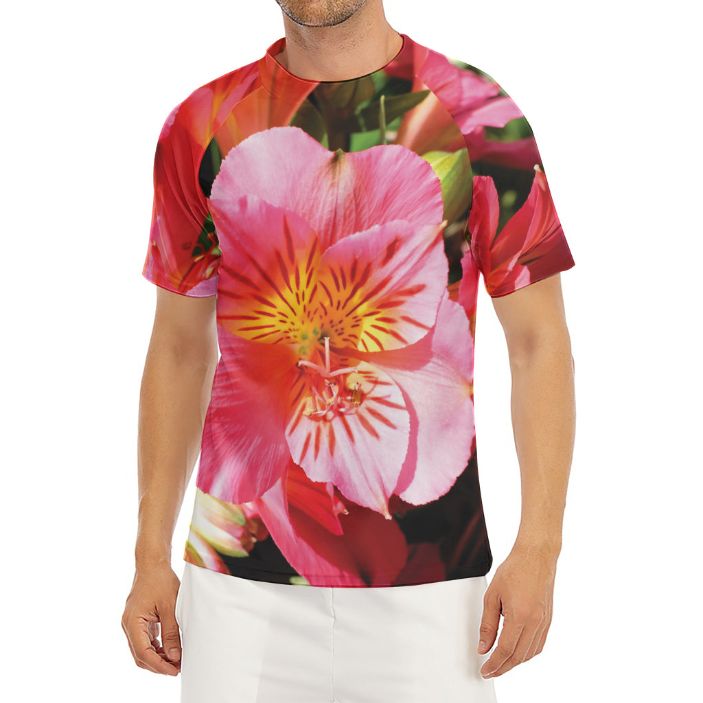 Pink Alstroemeria Print Men's Short Sleeve Rash Guard