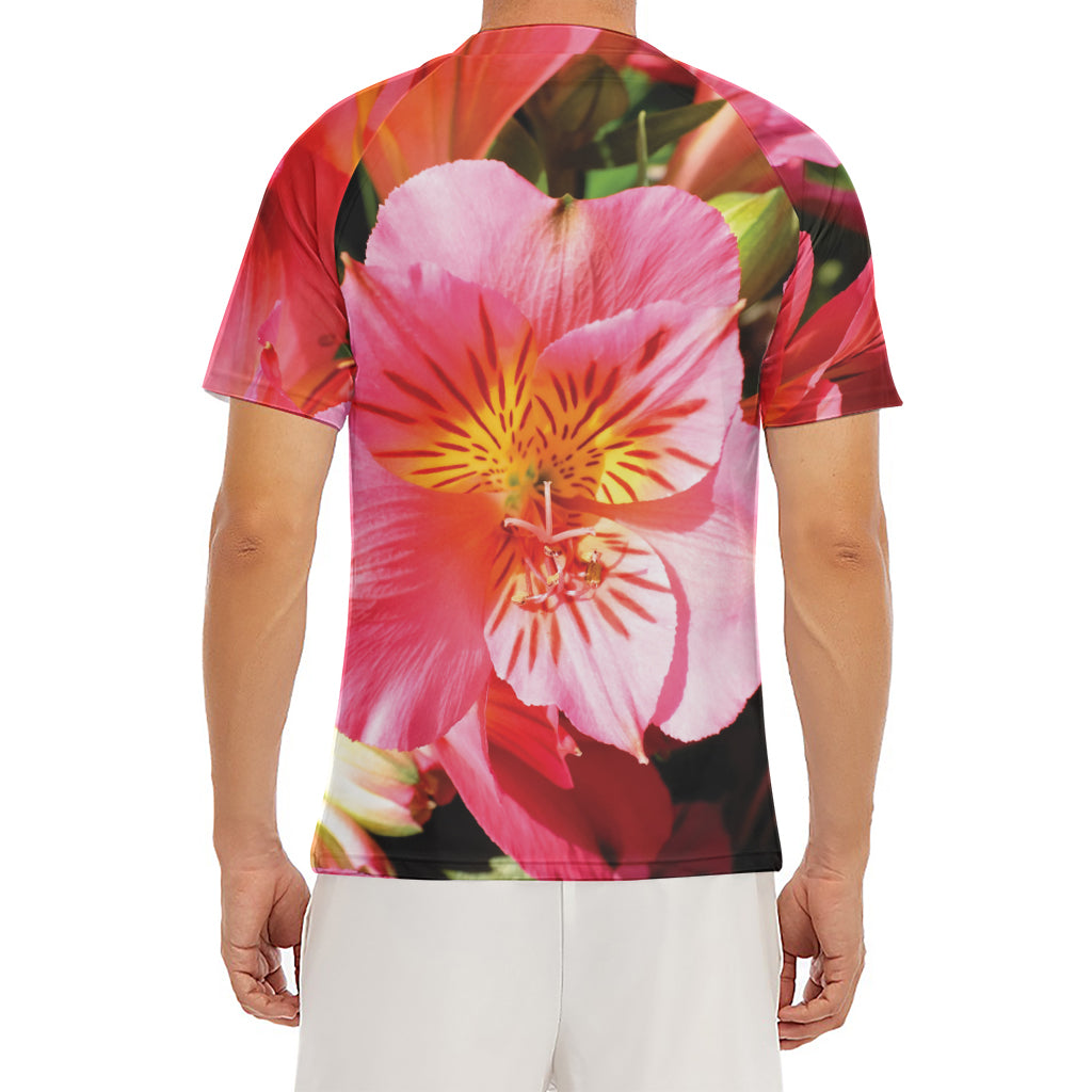 Pink Alstroemeria Print Men's Short Sleeve Rash Guard