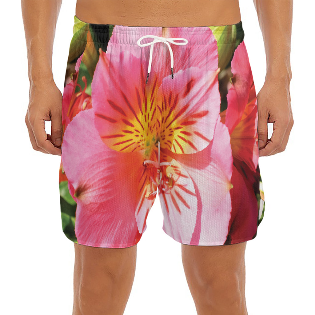 Pink Alstroemeria Print Men's Split Running Shorts