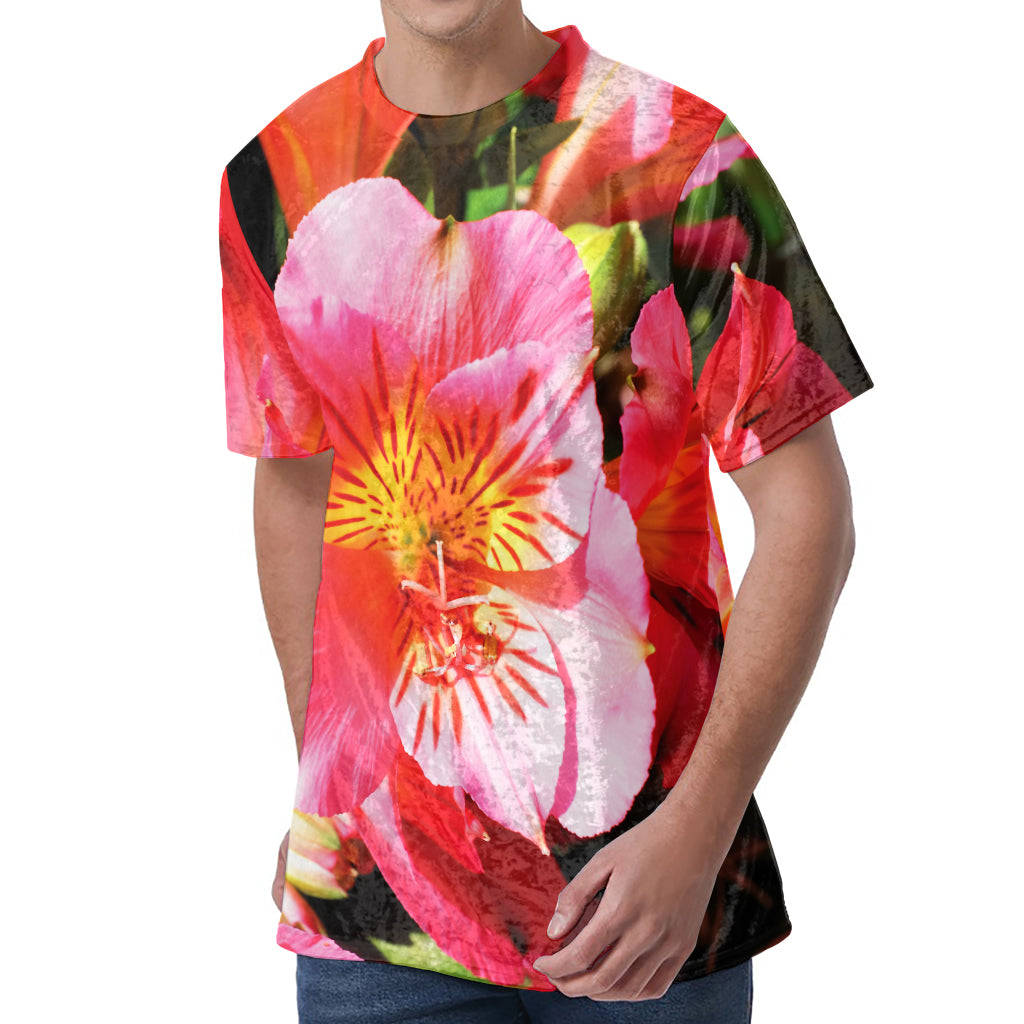 Pink Alstroemeria Print Men's Velvet T-Shirt