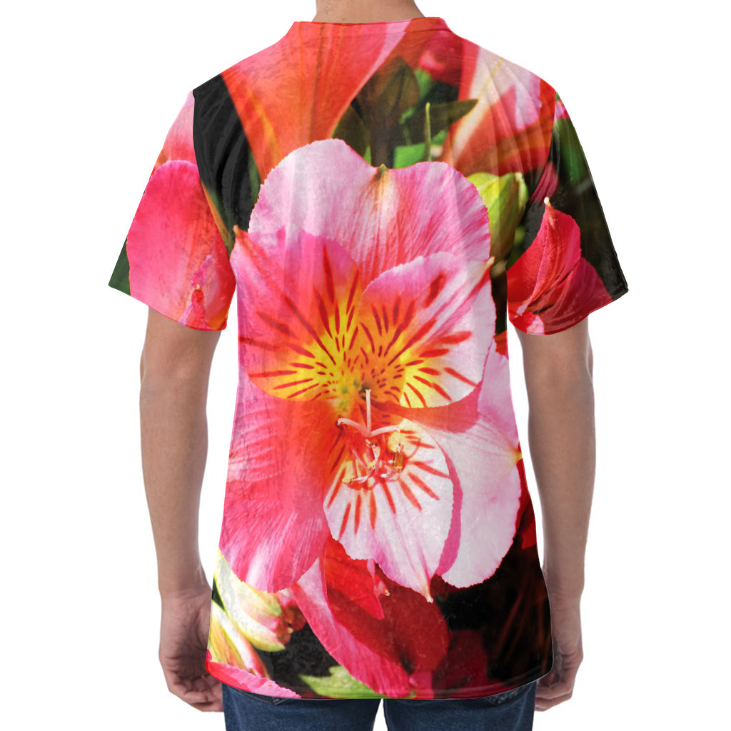 Pink Alstroemeria Print Men's Velvet T-Shirt