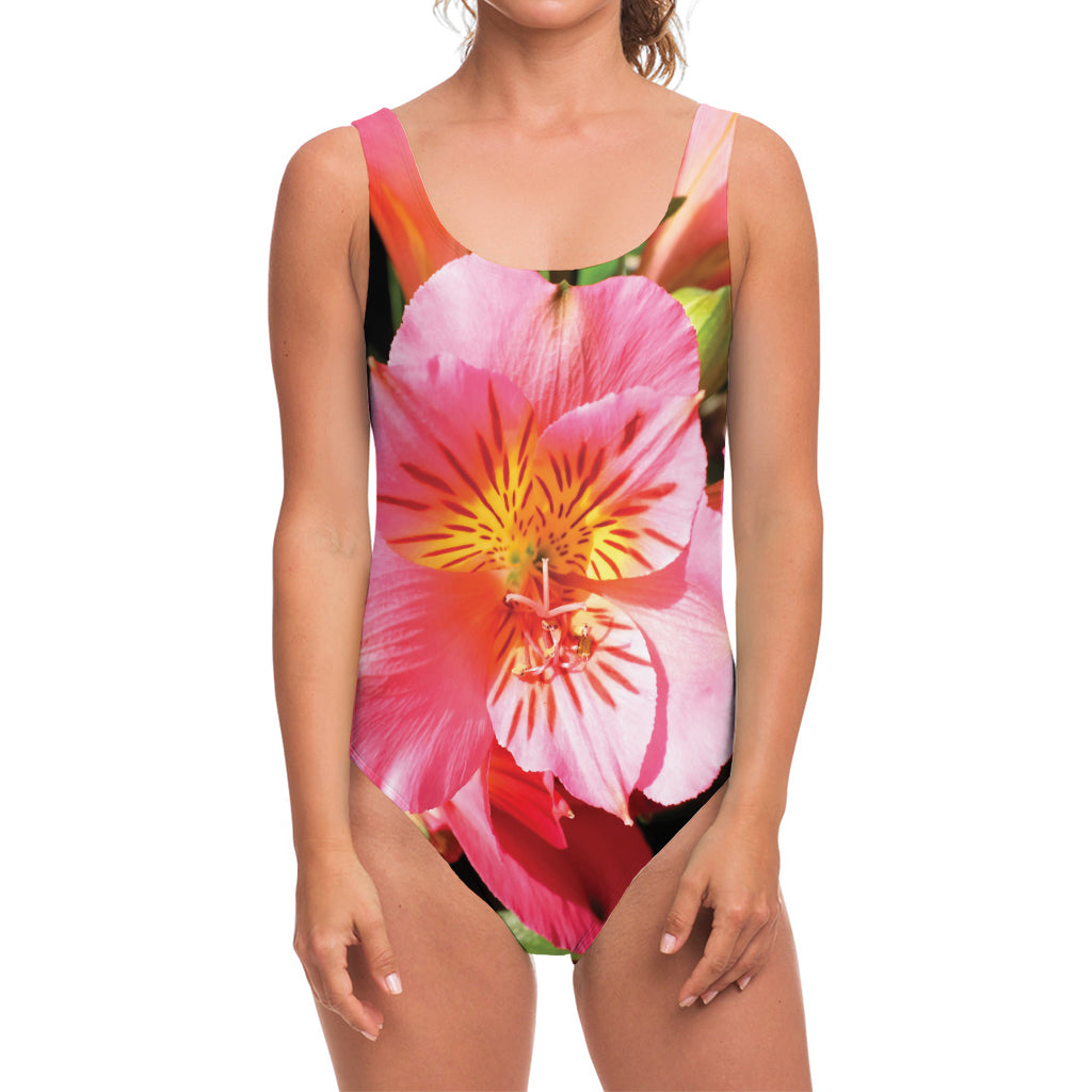 Pink Alstroemeria Print One Piece Swimsuit