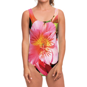 Pink Alstroemeria Print One Piece Swimsuit