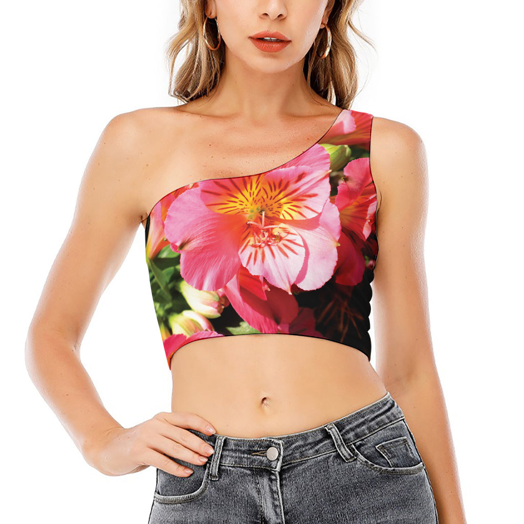 Pink Alstroemeria Print One Shoulder Crop Top