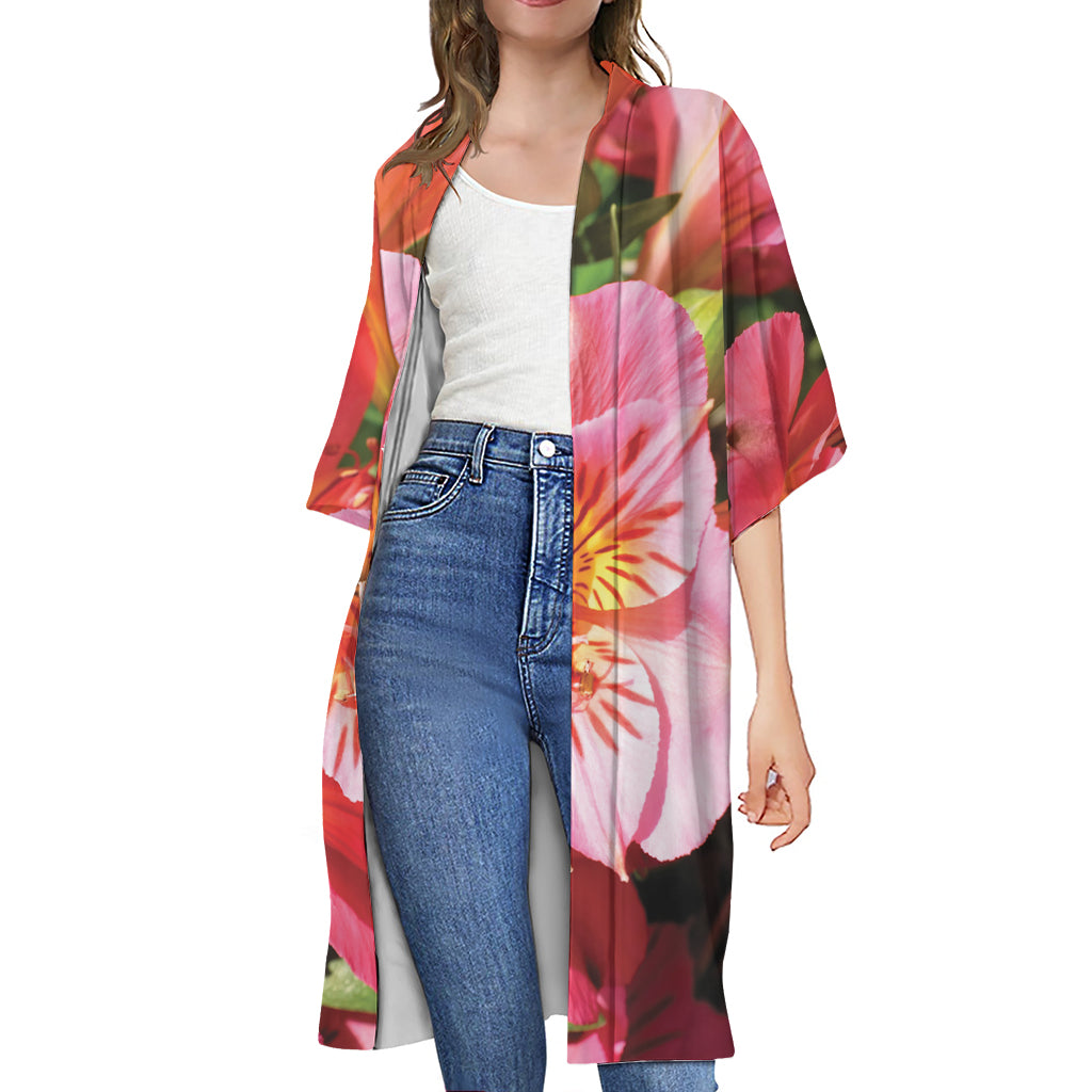 Pink Alstroemeria Print Open Front Beach Cover Up