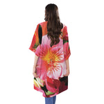 Pink Alstroemeria Print Open Front Beach Cover Up