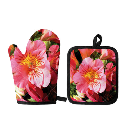 Pink Alstroemeria Print Oven Mitt And Pot Holder Set