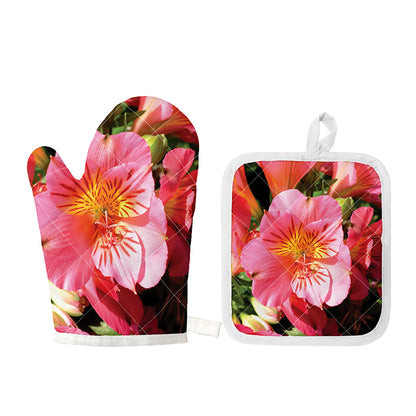 Pink Alstroemeria Print Oven Mitt And Pot Holder Set