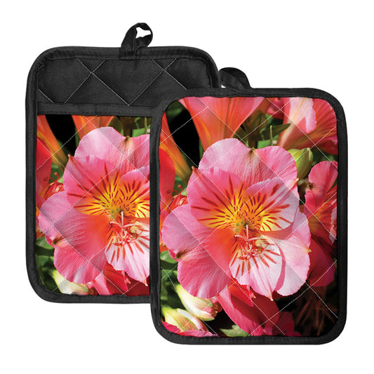 Pink Alstroemeria Print Pot Holders With Pocket