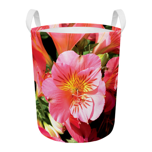 Pink Alstroemeria Print Round Laundry Basket