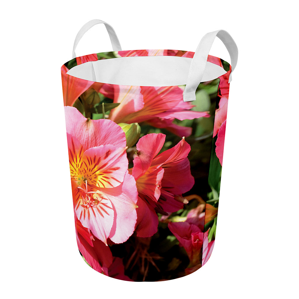 Pink Alstroemeria Print Round Laundry Basket