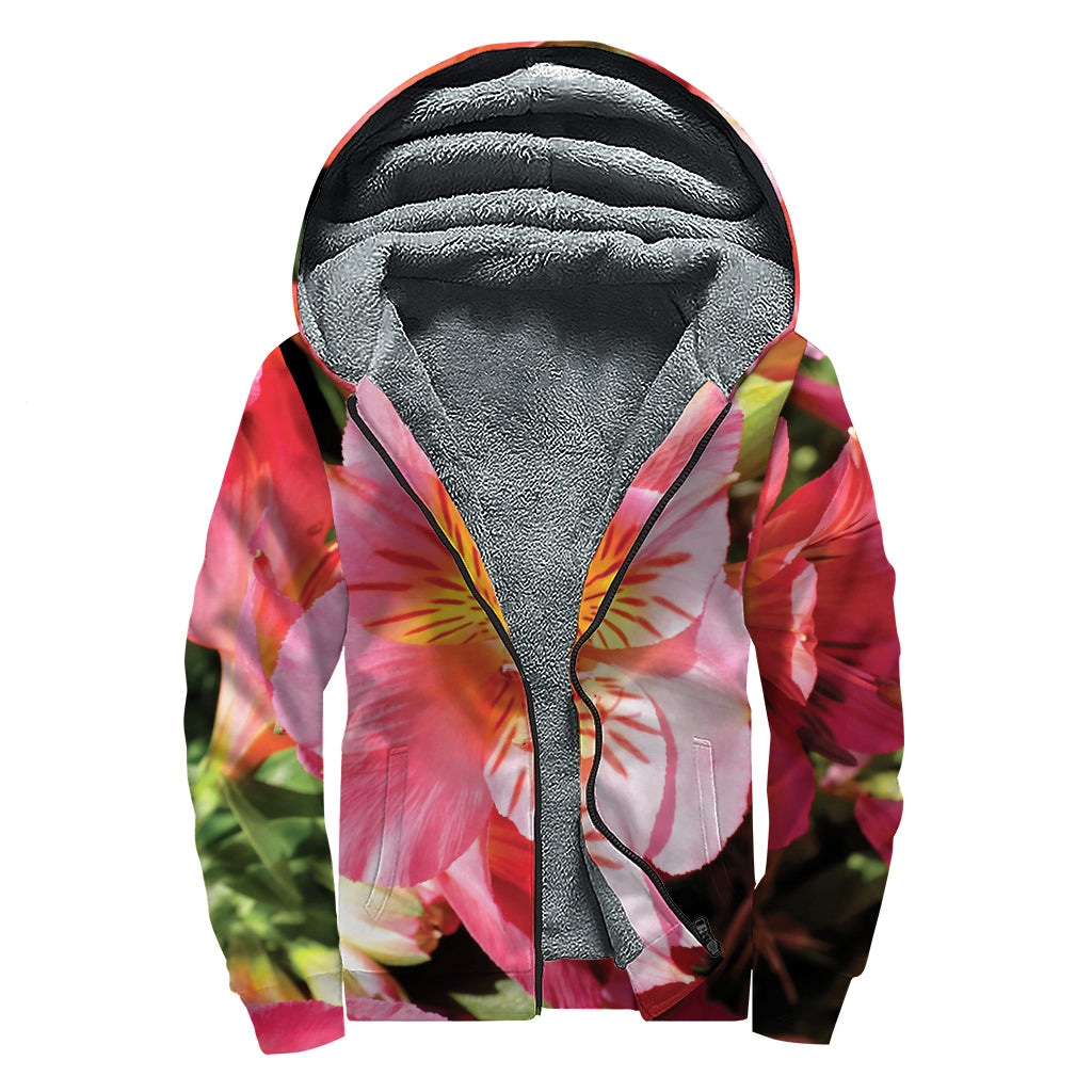 Pink Alstroemeria Print Sherpa Lined Zip Up Hoodie