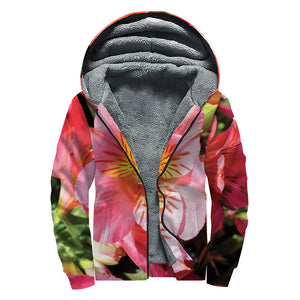 Pink Alstroemeria Print Sherpa Lined Zip Up Hoodie