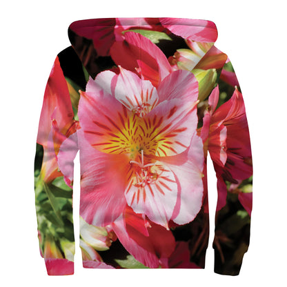 Pink Alstroemeria Print Sherpa Lined Zip Up Hoodie