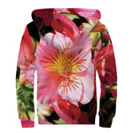 Pink Alstroemeria Print Sherpa Lined Zip Up Hoodie