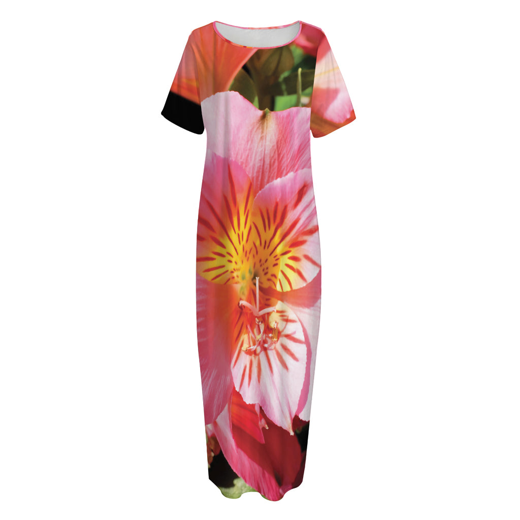 Pink Alstroemeria Print Short Sleeve Long Nightdress