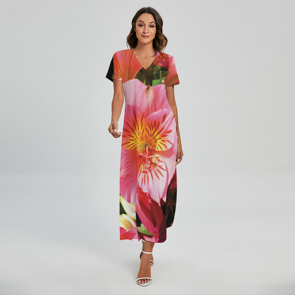 Pink Alstroemeria Print Short Sleeve Maxi Dress