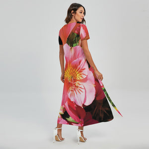 Pink Alstroemeria Print Short Sleeve Maxi Dress