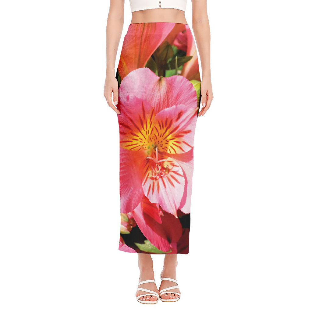 Pink Alstroemeria Print Side Slit Maxi Skirt