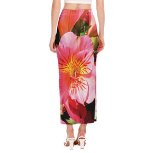 Pink Alstroemeria Print Side Slit Maxi Skirt