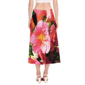 Pink Alstroemeria Print Side Slit Midi Skirt