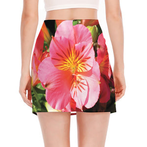 Pink Alstroemeria Print Side Slit Mini Skirt