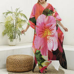 Pink Alstroemeria Print Silk V-Neck Kaftan Dress