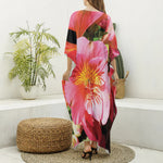 Pink Alstroemeria Print Silk V-Neck Kaftan Dress