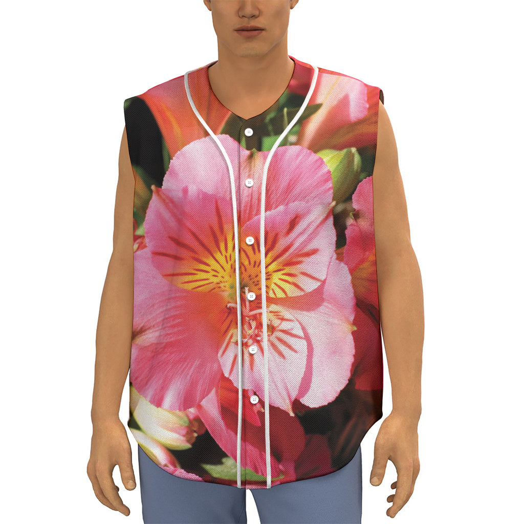 Pink Alstroemeria Print Sleeveless Baseball Jersey