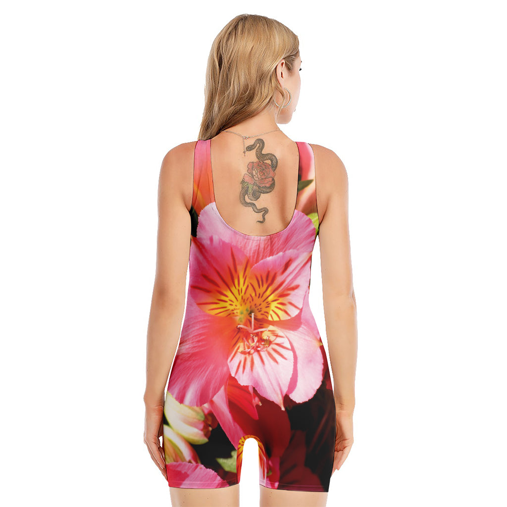 Pink Alstroemeria Print Sleeveless One Piece Swimsuit