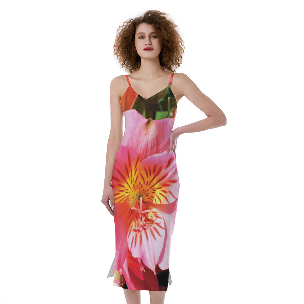 Pink Alstroemeria Print Slim Fit Midi Cami Dress