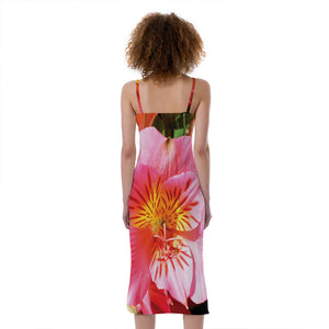 Pink Alstroemeria Print Slim Fit Midi Cami Dress