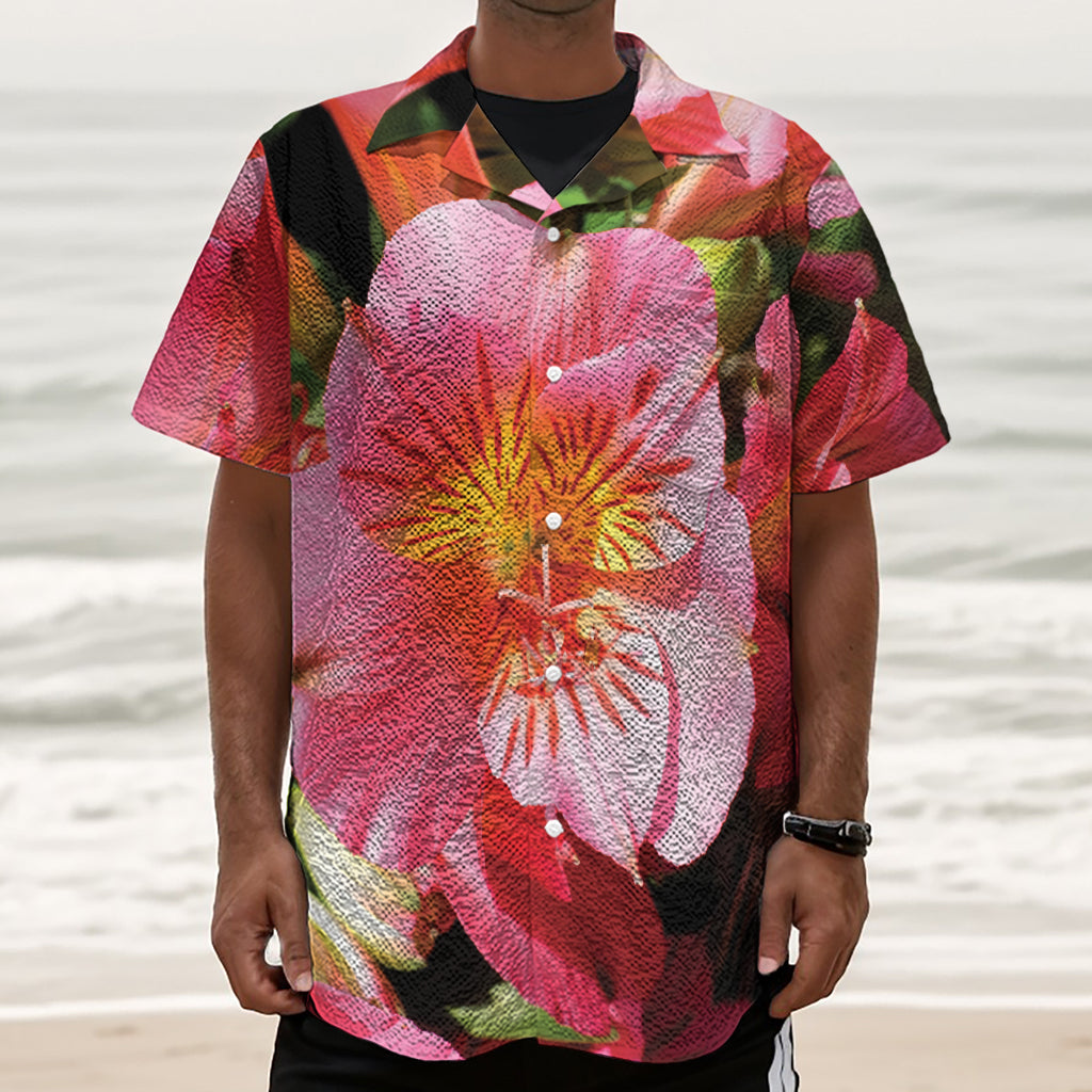 Pink Alstroemeria Print Textured Short Sleeve Shirt