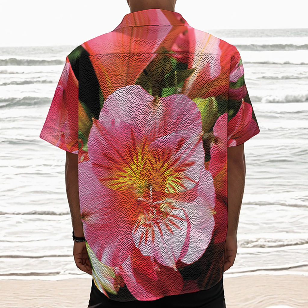 Pink Alstroemeria Print Textured Short Sleeve Shirt