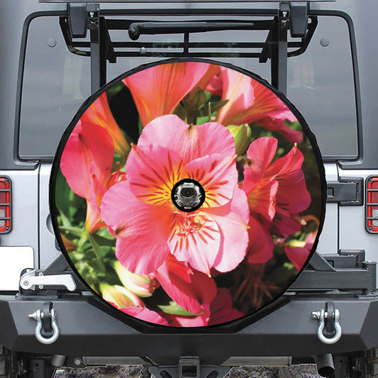 Pink Alstroemeria Print Tire Cover With Camera Hole