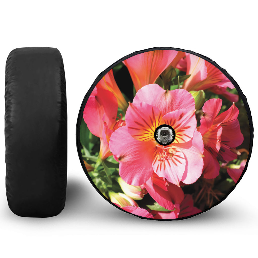 Pink Alstroemeria Print Tire Cover With Camera Hole