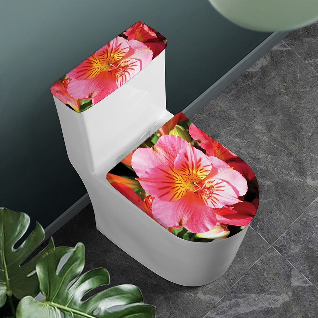 Pink Alstroemeria Print Toilet Lid And Tank Cover Set