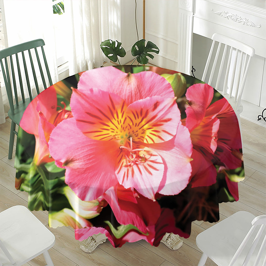 Pink Alstroemeria Print Waterproof Round Tablecloth