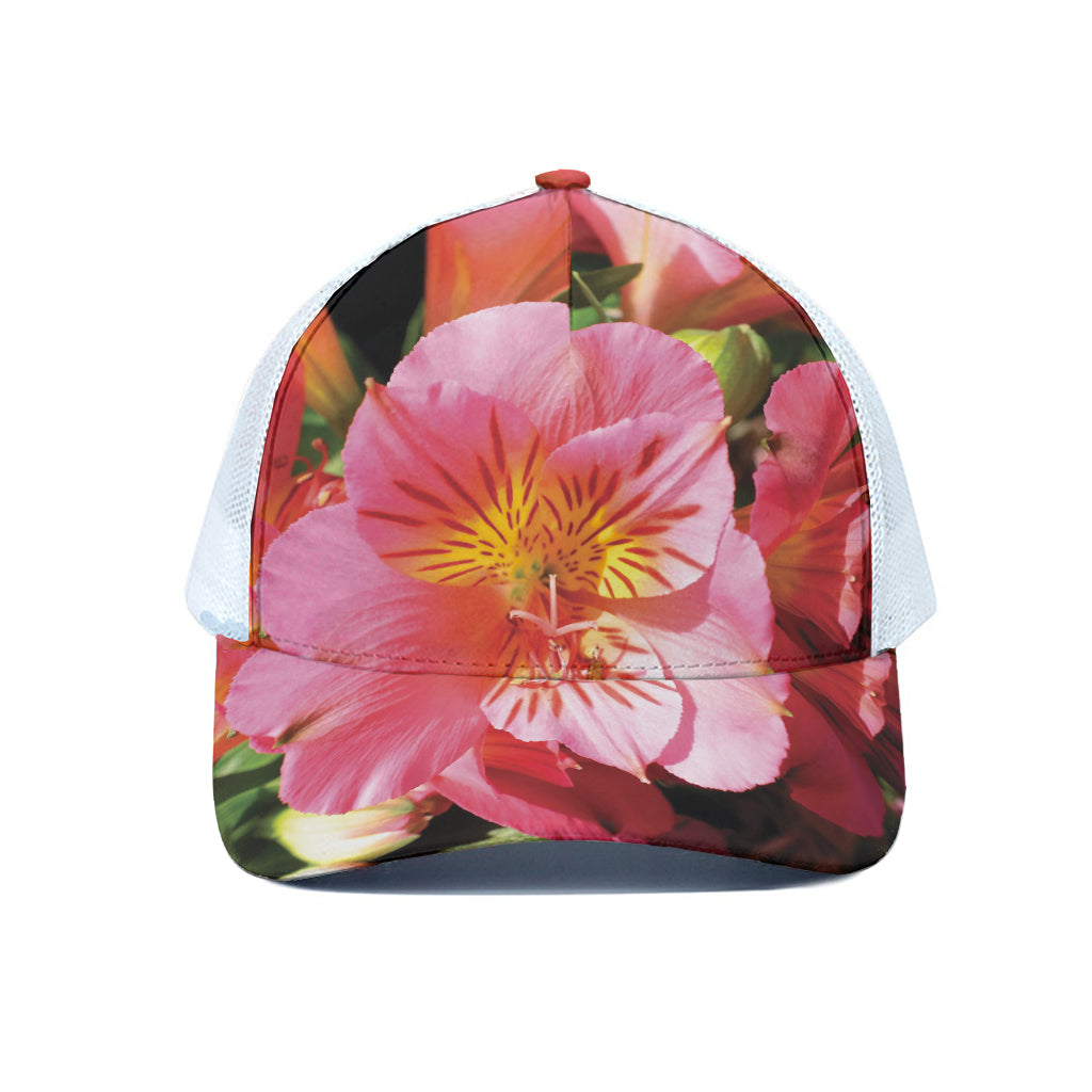 Pink Alstroemeria Print White Mesh Trucker Cap