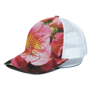 Pink Alstroemeria Print White Mesh Trucker Cap