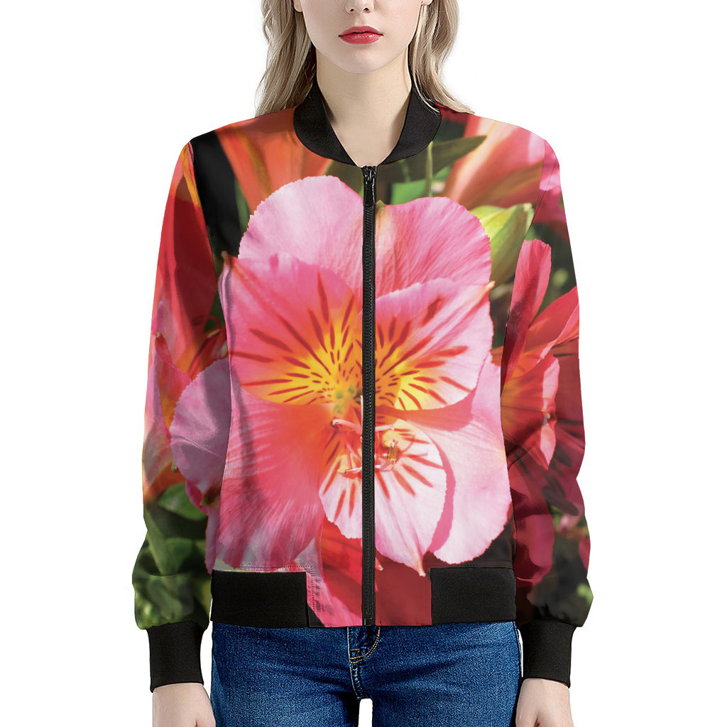 Pink Alstroemeria Print Women's Bomber Jacket