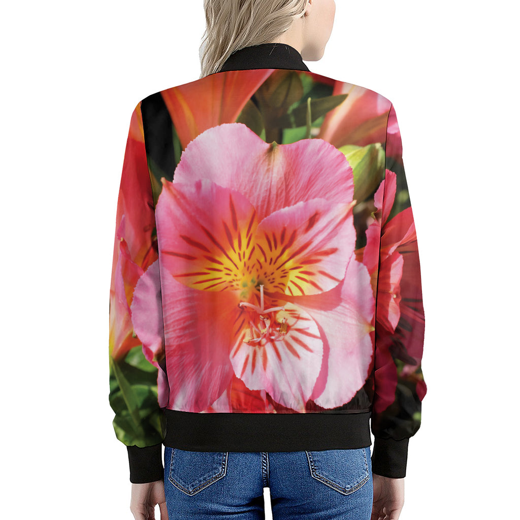 Pink Alstroemeria Print Women's Bomber Jacket