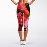 Pink Alstroemeria Print Women's Capri Leggings