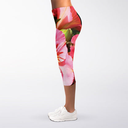 Pink Alstroemeria Print Women's Capri Leggings