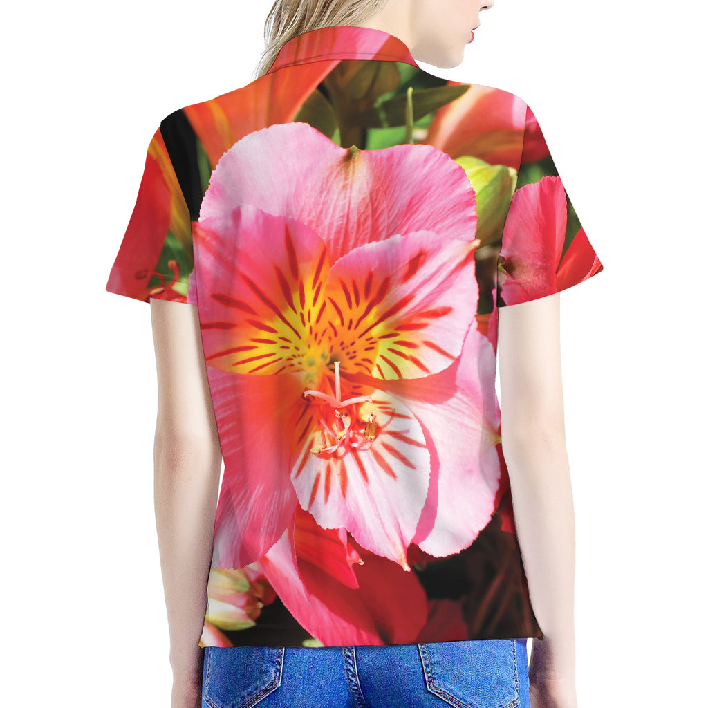 Pink Alstroemeria Print Women's Polo Shirt