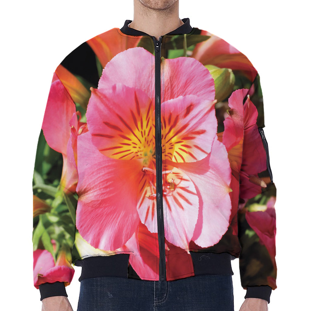 Pink Alstroemeria Print Zip Sleeve Bomber Jacket