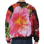 Pink Alstroemeria Print Zip Sleeve Bomber Jacket