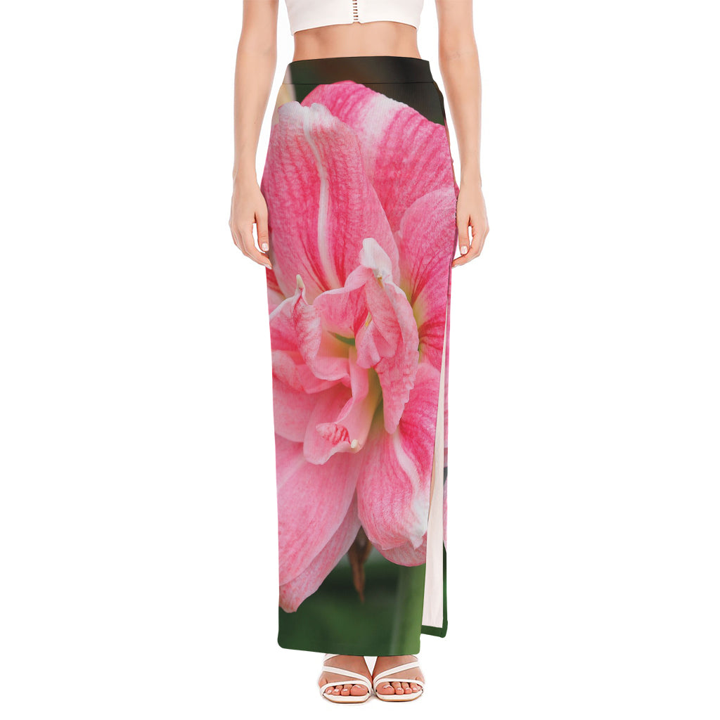 Pink Amaryllis Print High Slit Maxi Skirt