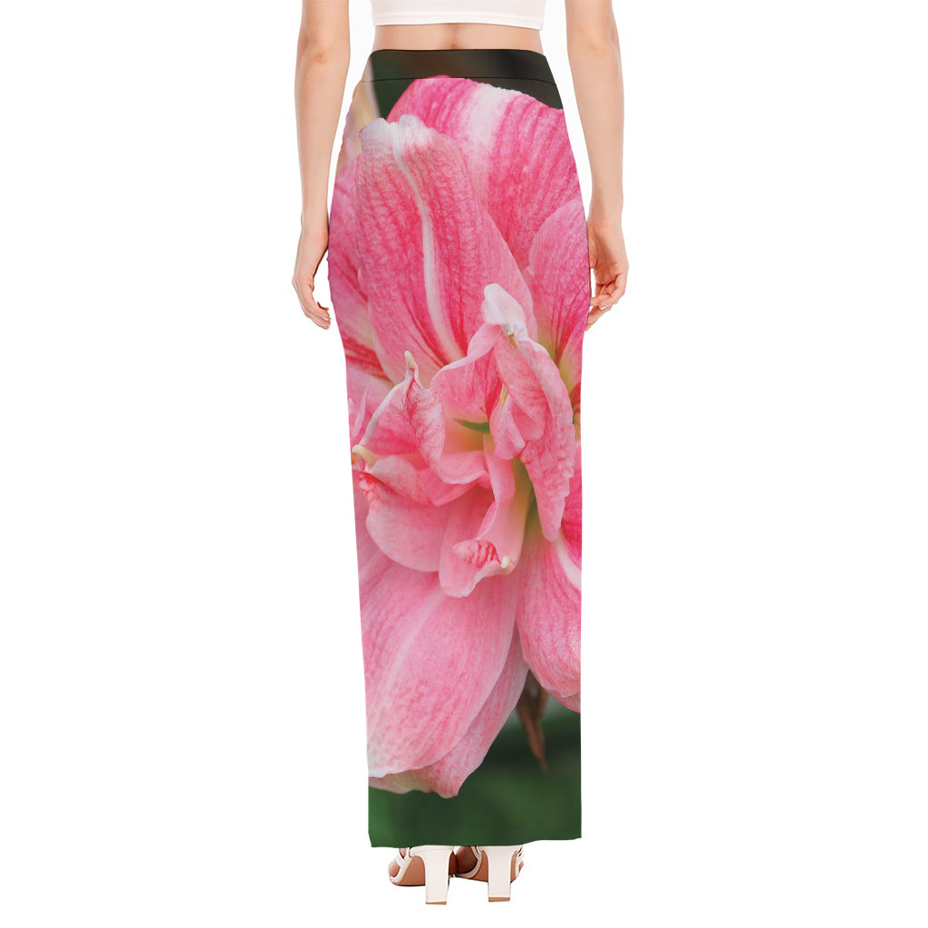 Pink Amaryllis Print High Slit Maxi Skirt